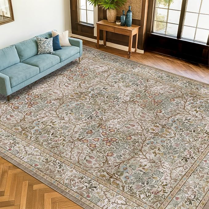 Hazo Haus Vintage Moss Green Living Room Rug, Neutral Taupe 8x10 Washable Area