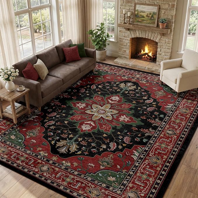 RELEANY Area Rugs Large 10'x14' Washable Non-Slip, Floral Vintage Distress