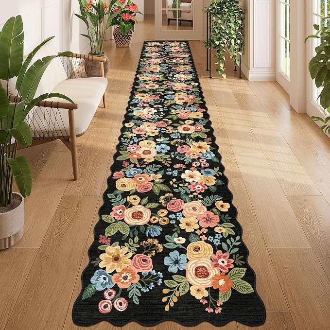 DUKINO 2x12 Runner Rug for Hallway, Soft Floral Washable Kitchen Runner Rug