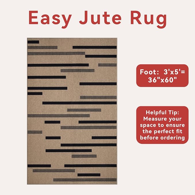 Tangsoo Stripe Easy Jute Rug, Ultra Thin 3x5 Washable Area Rug