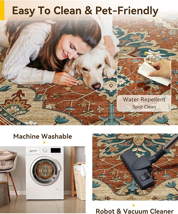 RELEANY Area Rugs Round 4ft Washable Non-Slip, Floral Vintage Distress