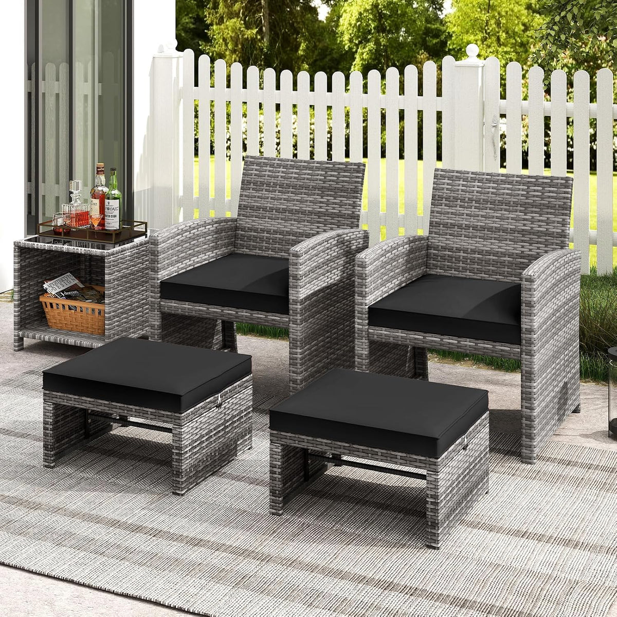RELAX4LIFE Wicker Outdoor Ottoman Set of 2 - Rattan Footstools Foot Rest w/Removable Cushions, Multipurpose Side Table & Additional Seating, Outdoor Ottomans for Patio Garden Porch (Grey-Black)