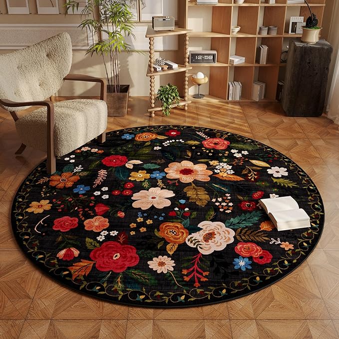 Rugcomf Round Rug 6ft Washable Circle Rug Non Slip Low Pile Boho Floral Small