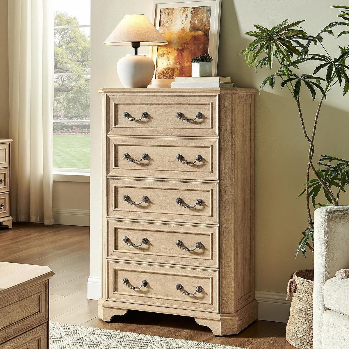 T4TREAM Farmhouse 5 Drawers Dresser for Bedroom, 48" Tall Wood Rustic Chest of Drawers with Natural Texture, Vintage Design, Storage Dressers Organizer for Bedroom, Living Room, Hallway, Natural Oak