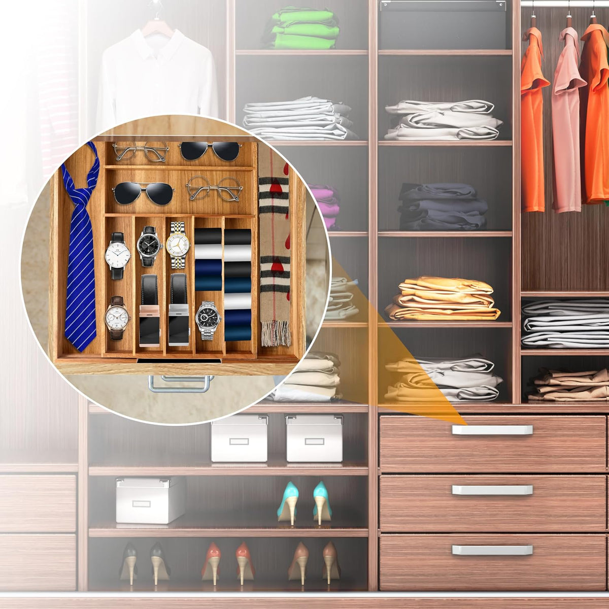 Bellsal Acacia Silverware Organizer Kitchen Drawer Organizer Expandable Bamboo Utensil Holder Cutlery Tray for Kitchen Utensil and Flatware Bedroom Office