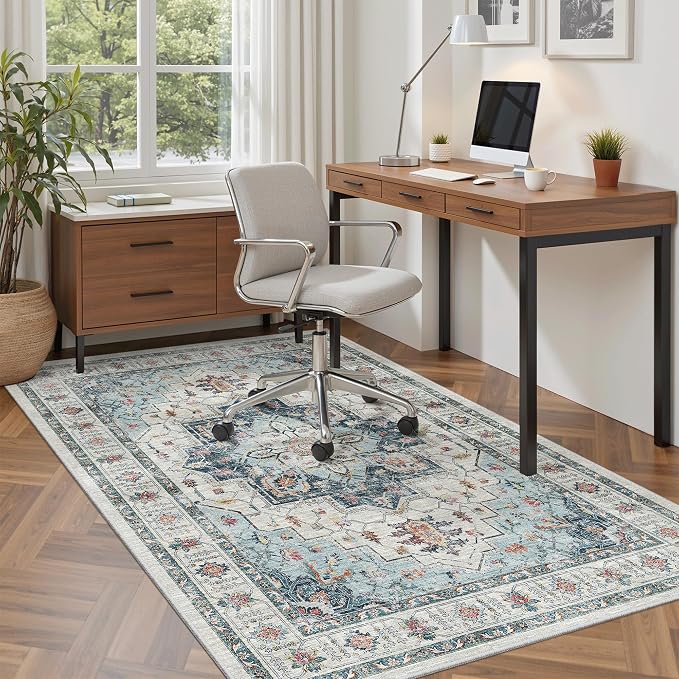 Madane Area Rug 4x6 Washable Rugs: Vintage Living Room Rug Soft Low Pile Non