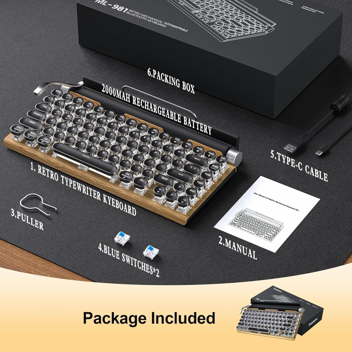 Retro Typewriter Mechanical Keyboard Wireless for PC/Laptop/Pad/Mac/Phones