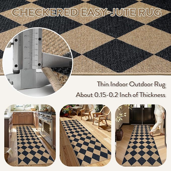 Lahome Checkered Easy Jute Non Slip Kitchen Runner, Checkerboard Indoor Outdoor