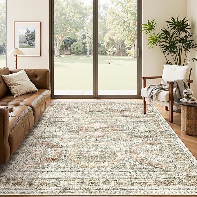Soalmost 5x7 Area Rugs Brown Pink Low Pile Indoor Washable Trendy Faded Style