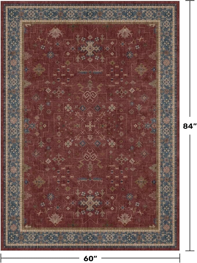 5x7 Boho Dark Red Rug for Living Room