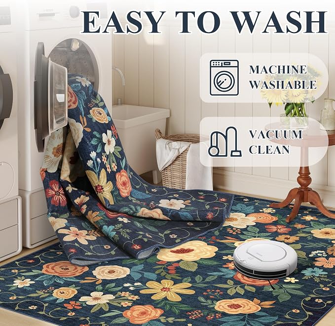 DUKINO 2x4 Rug for Entryway, Washable Kitchen Floral Runner Rug