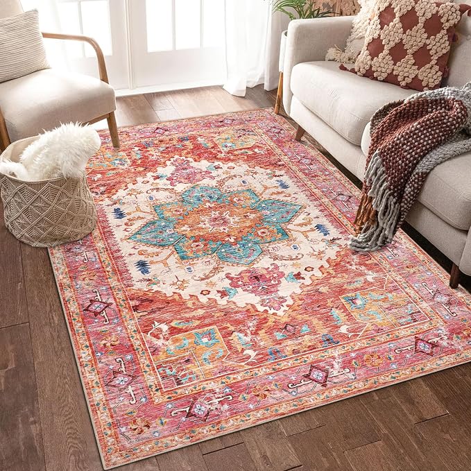 Yamaziot Washable Area Rug, 4x6 Non-Slip Boho Vintage Living Room Bedroom Rug