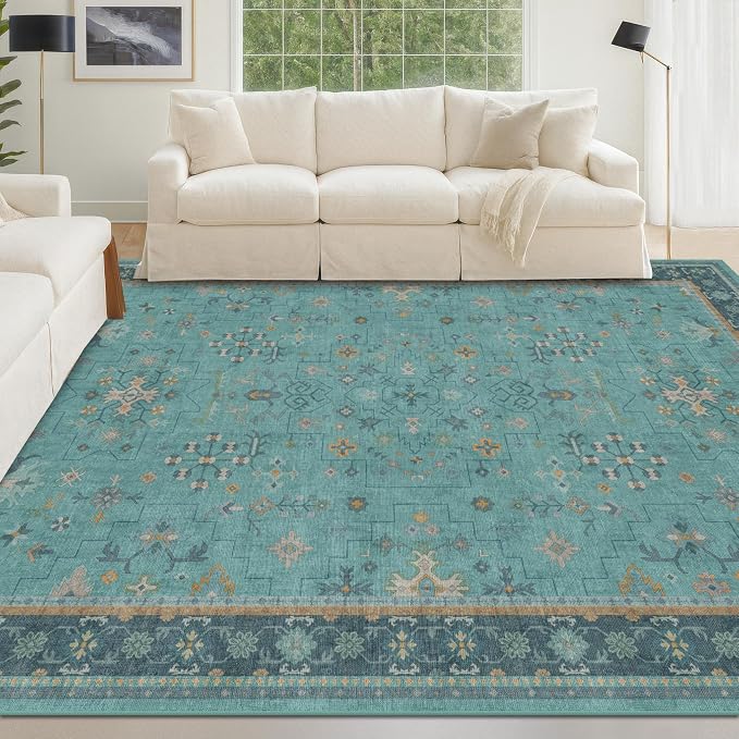 Boho Teal 6x9 Area Rugs for Living Room, Geometric Floral Design Rug for Bedroom