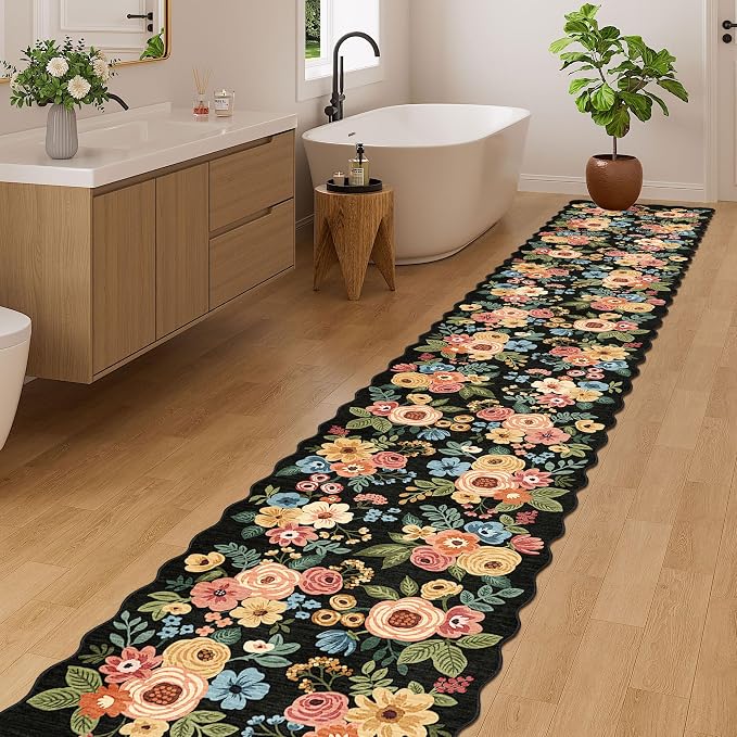 DUKINO 2x12 Runner Rug for Hallway, Soft Floral Washable Kitchen Runner Rug