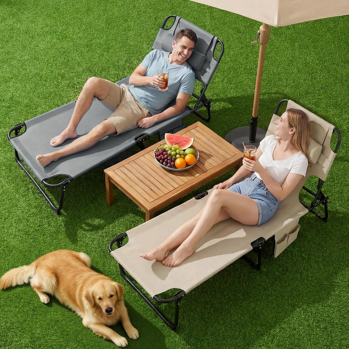 3-in-1 Sun Tanning Chair Outdoor Folding Chaise Lounge for Pool Beach, Grey
