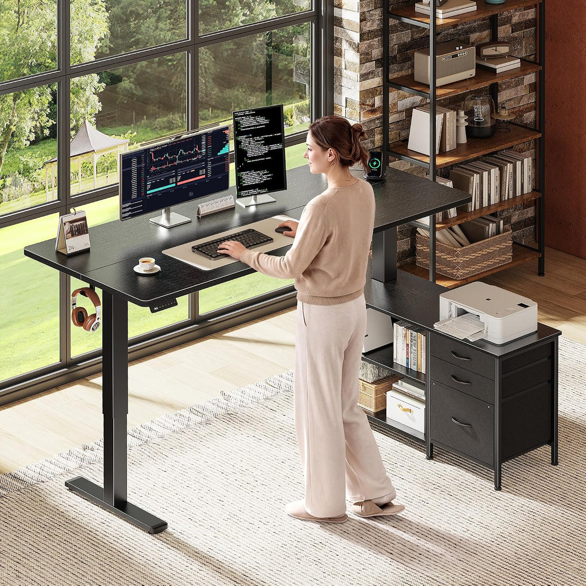 PRAISUN 55.1'' L Standing Desk with Outlets, Cabinet with Shelves, Drawers