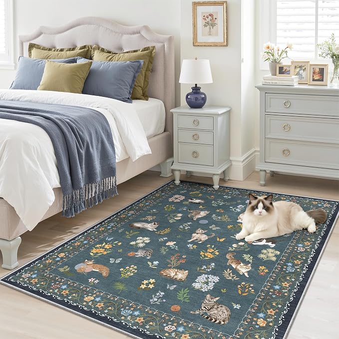 Soalmost Cat 3x5 Area Rugs for Entryway, Machine Washable Animal Floral Accent