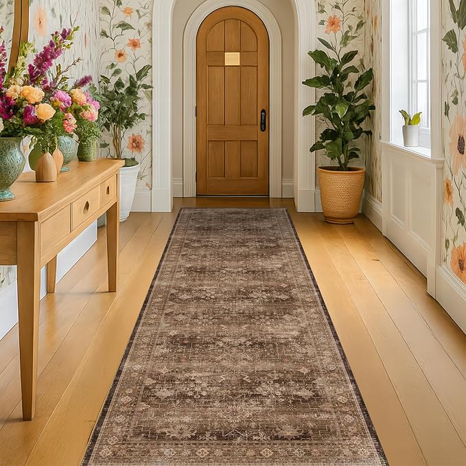 Hazo Haus Brown Earthy Boho Washable 3x10 Extra Long Hallway Runner Rug