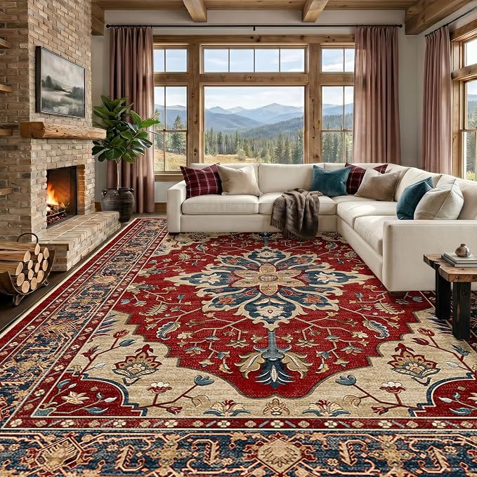 RELEANY Area Rugs Large 9'x12' Washable Non-Slip, Floral Vintage Distress