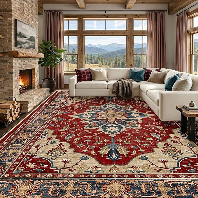 RELEANY Area Rugs Large 10'x12' Washable Non-Slip, Floral Vintage Distress