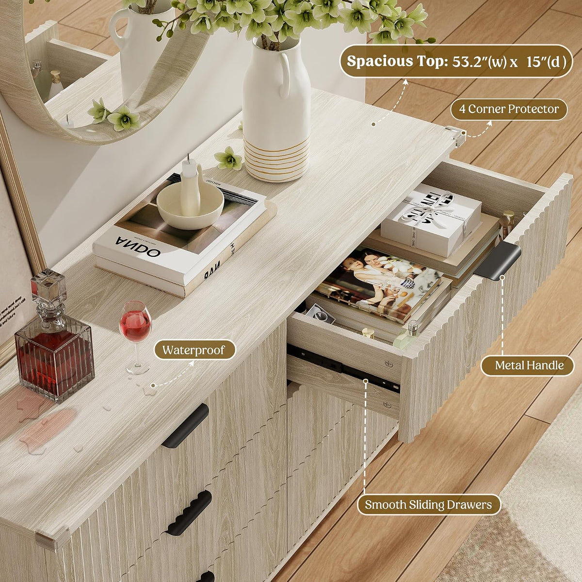 Wood Tall 6 Drawers Dresser, 53.2" W Fluted Modern Dressers for Bedroom