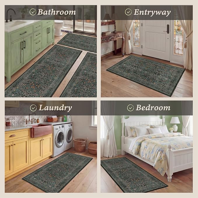 Black Green Kitchen Rug Set of 3, Washable Non-Slip Mats