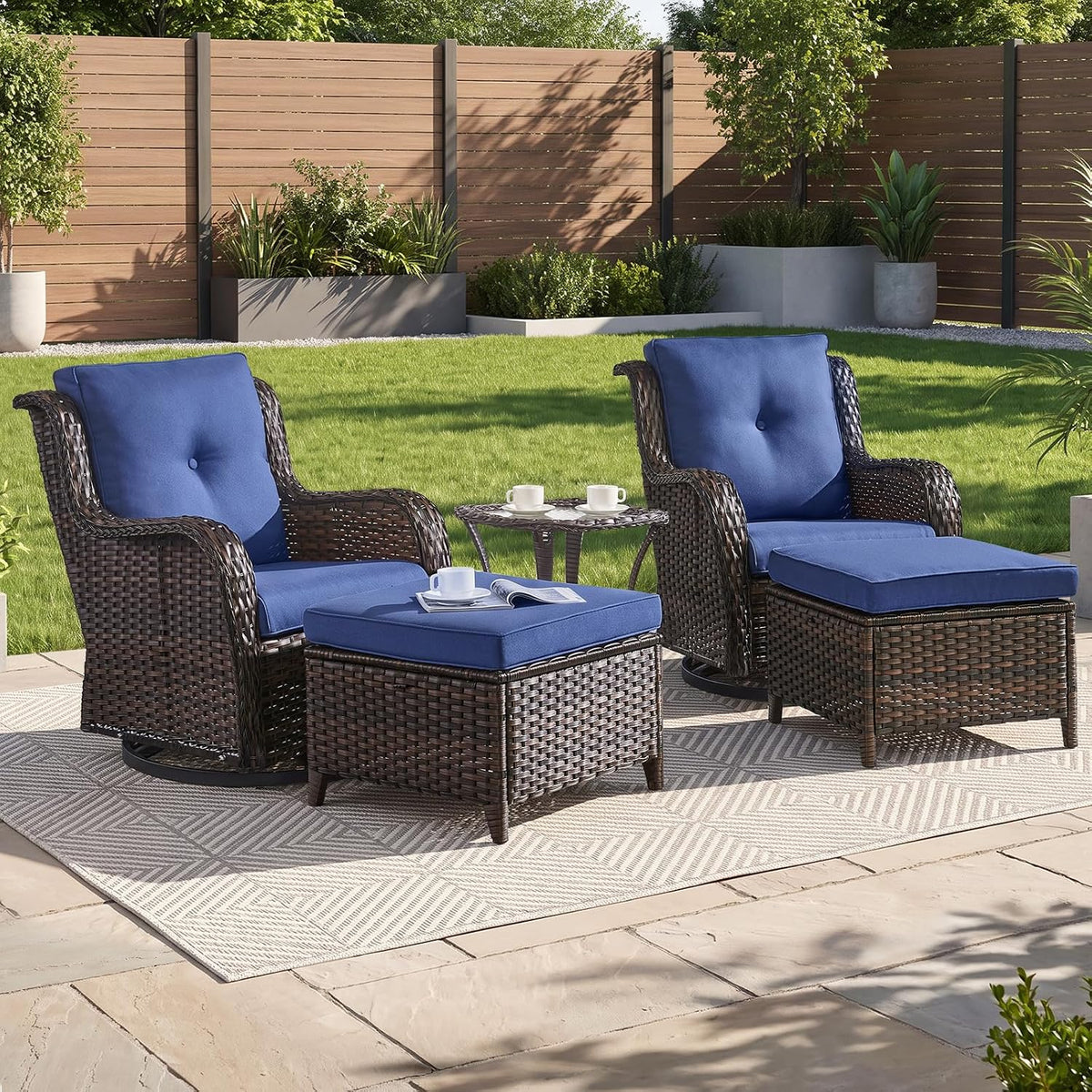 Rilyson Luxury Outdoor Wicker Patio Ottomans Set of 2, 250 lbs Capacity Rattan Large Ottomans for Patio Footrest Set 22.8in*22.8in*14in with 3.5in Thick Cushion (Brown/Blue)