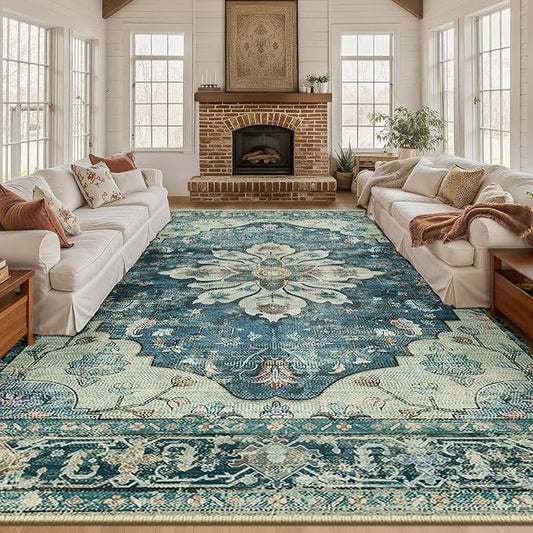 RELEANY Area Rugs Large 10'x12' Washable Non-Slip, Floral Vintage Distress