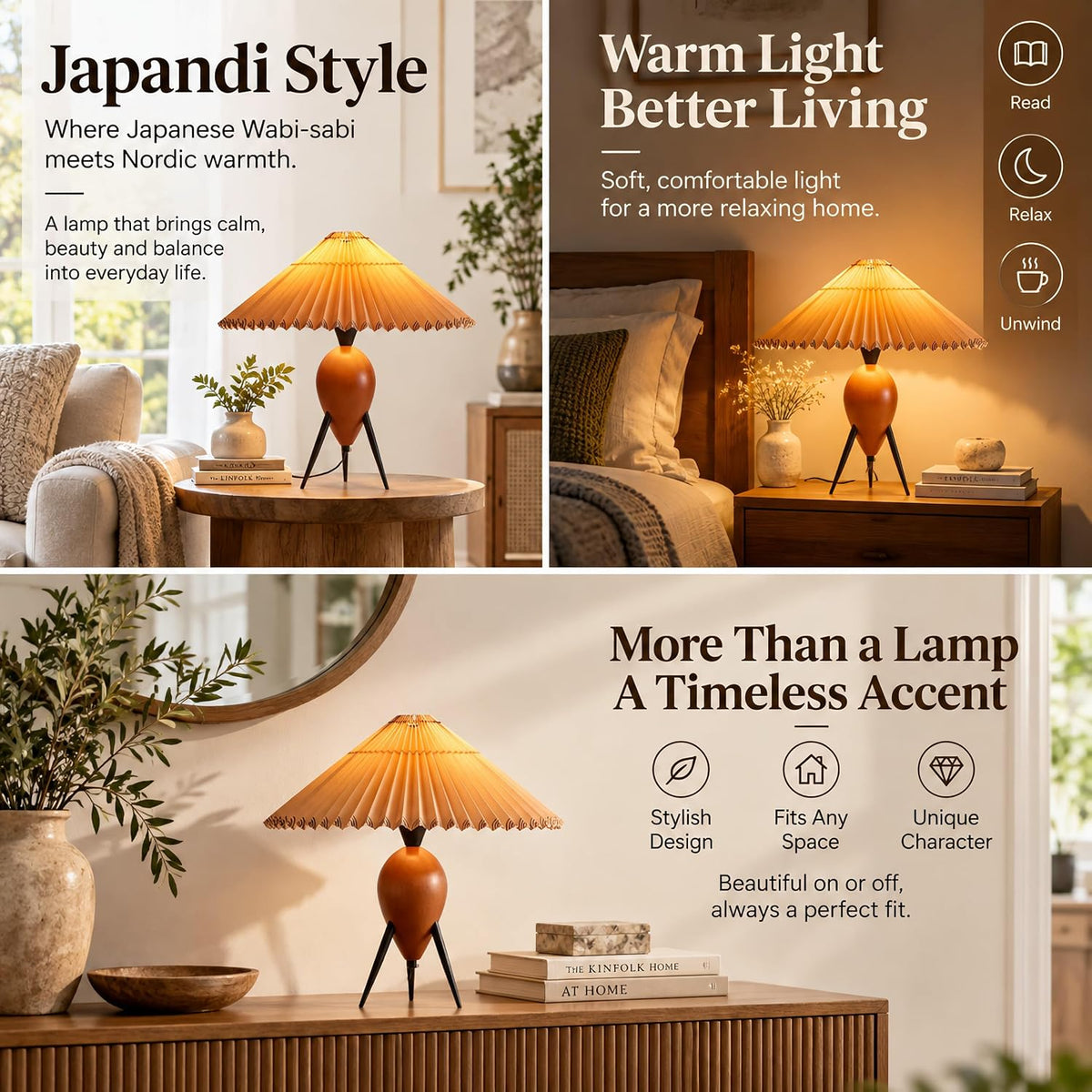 Japandi Zen Table Lamp, Red Solid Wood Tripod Base, Pleated Umbrella Shade