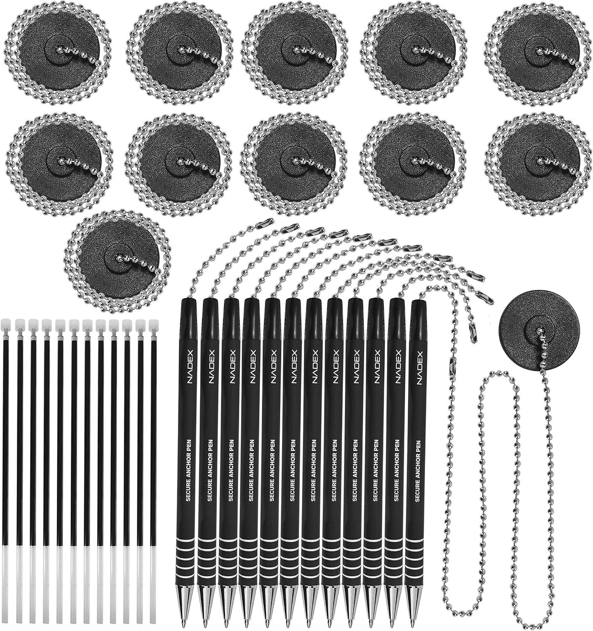 Nadex Ball and Chain Security Pen Set | 12 Pens, 12 Adhesive Mounts, and 12 Refills (Black)