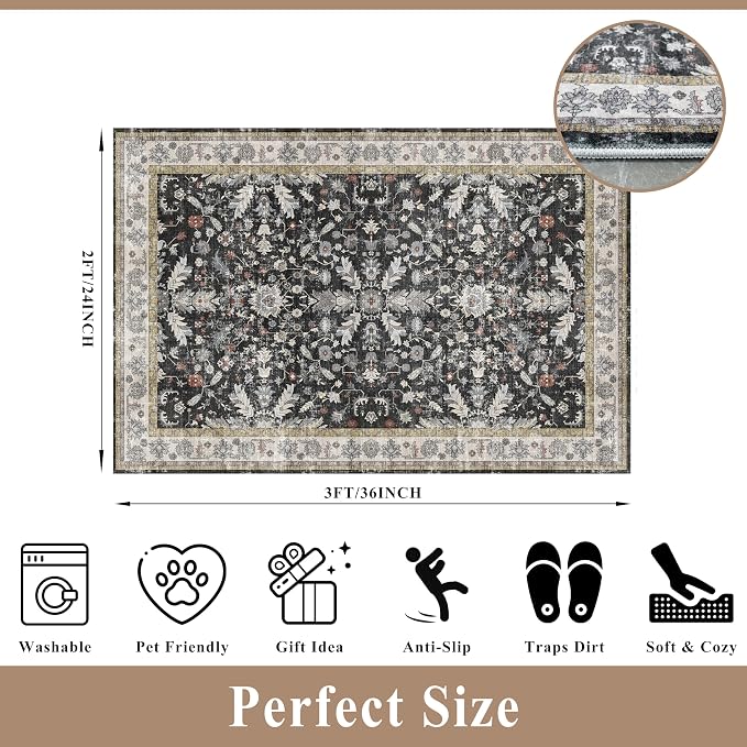 2x3 Rug Non-Slip Washable for Kitchen – Boho Small Throw Rug for Sink & Entryway