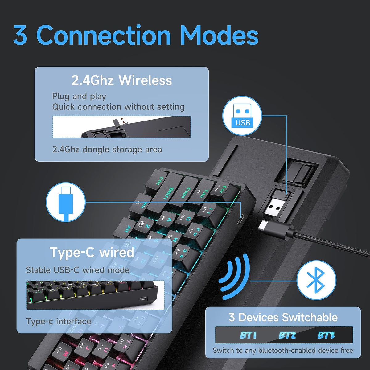 DIERYA DK63 60% Wireless Mechanical Gaming Keyboard | Bluetooth/2.4G/Wired | RGB Backlit Compact 63 Keys Mini Office Keyboard | with Blue Switch | for Windows Laptop PC Gamer Typist-Black