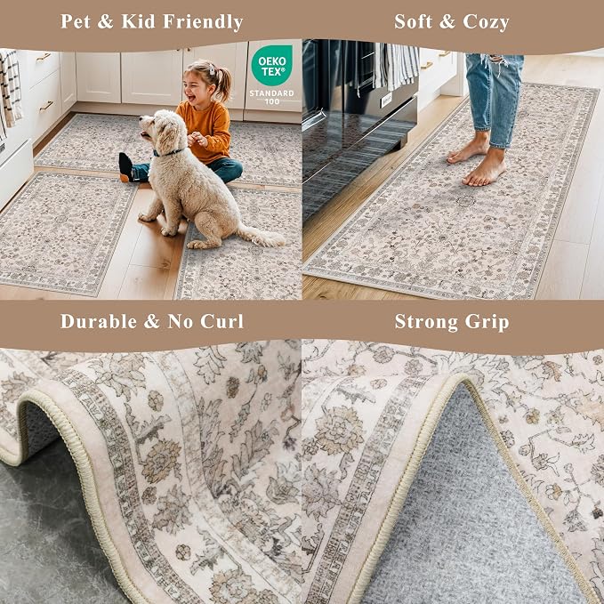 2x10 ft Hallway Runner Rug Washable – Boho Floral Non Slip Long Carpet Runner