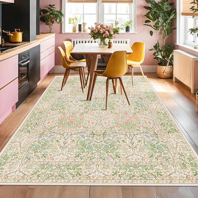 Washable Beige Green 5x8 Area Rug