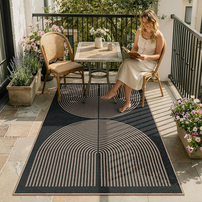 Lahome Enfys Modern Rainbow Easy Jute Outdoor Patio Rug, 3x5 Black Washable Rugs