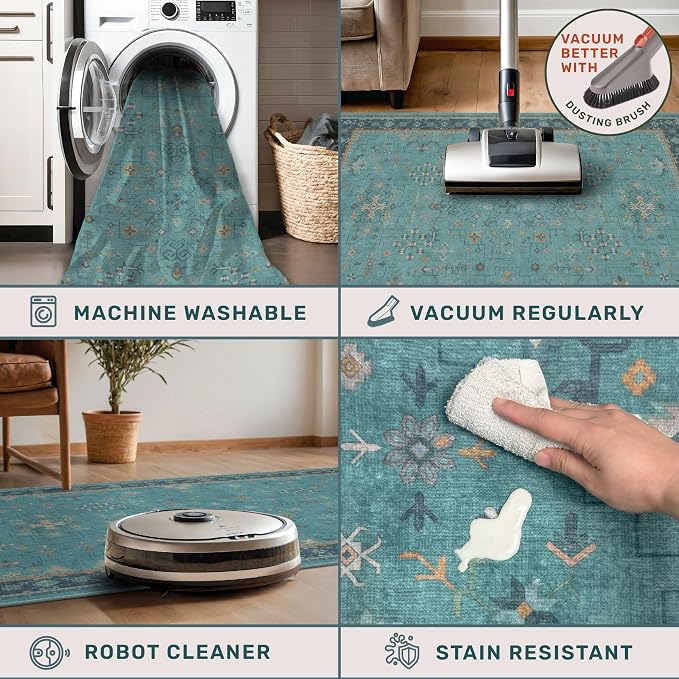 Washable 5x8 Teal Rug for Living Room, Boho Area Rugs for Bedroom Under Bed