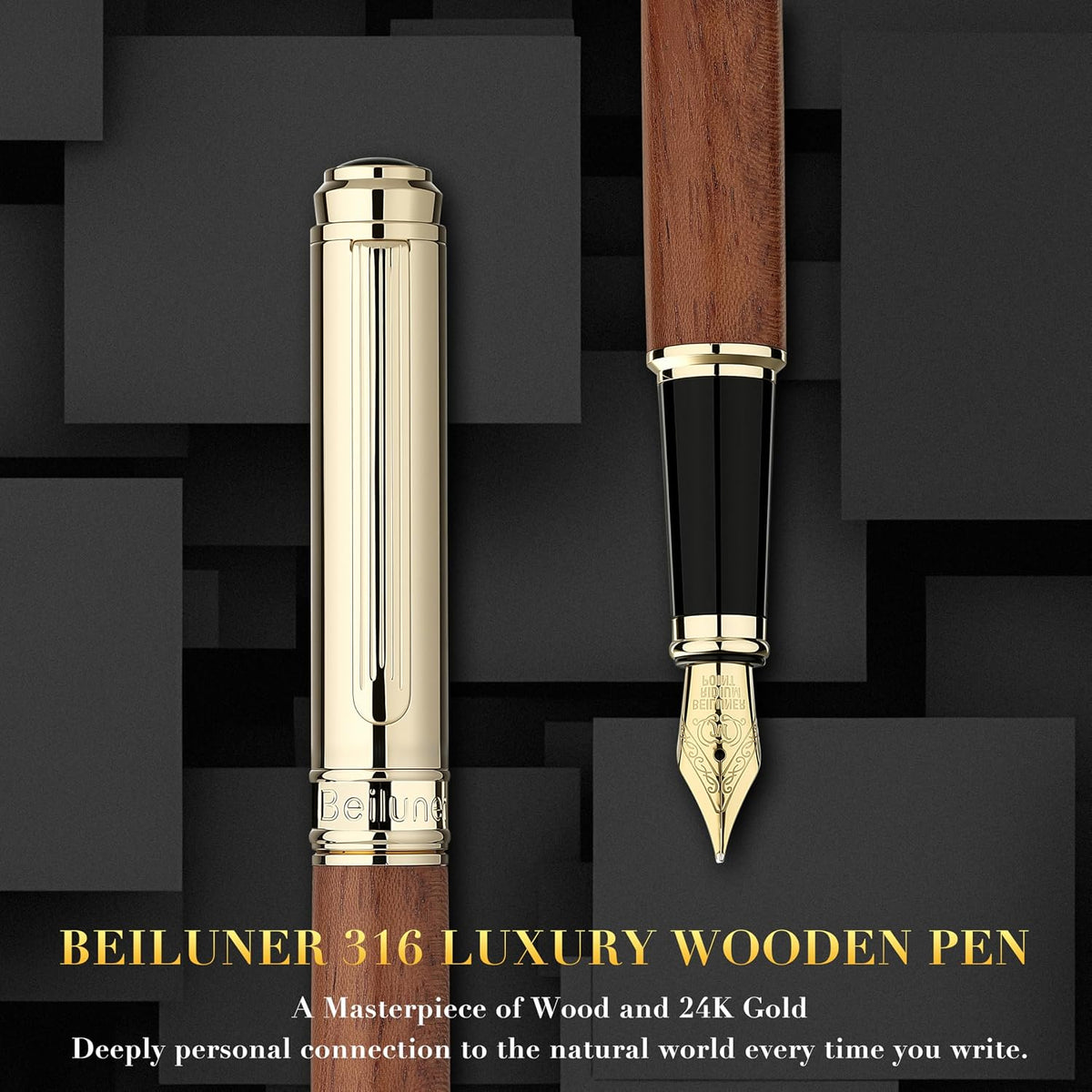 BEILUNER 316 Fountain Pen,Stunning Luxury,24K Gilded Nib(Medium)-Rosewood