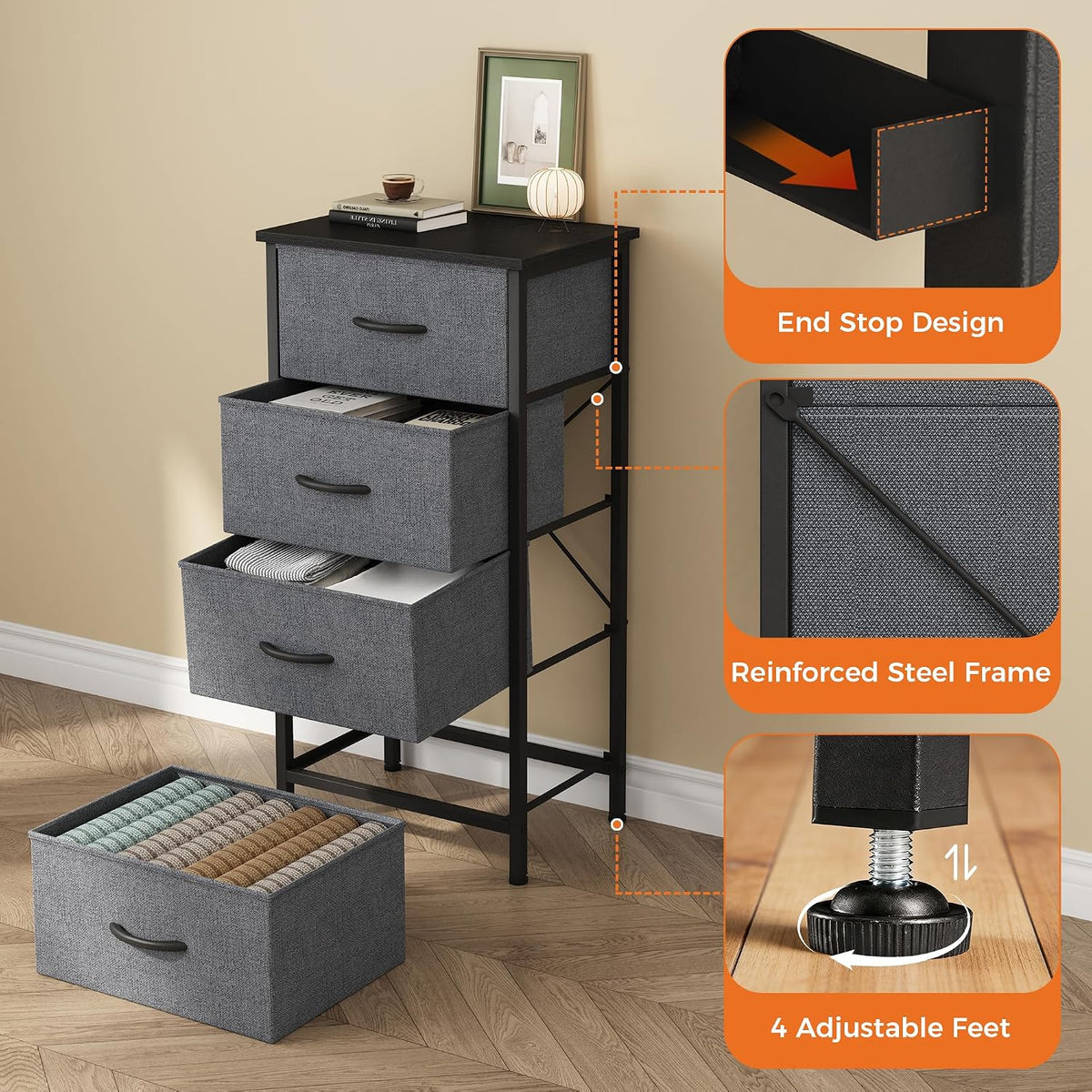 Sweetcrispy Dresser for Bedroom, 4 Drawer Storage Cabinet, Tall Nightstand