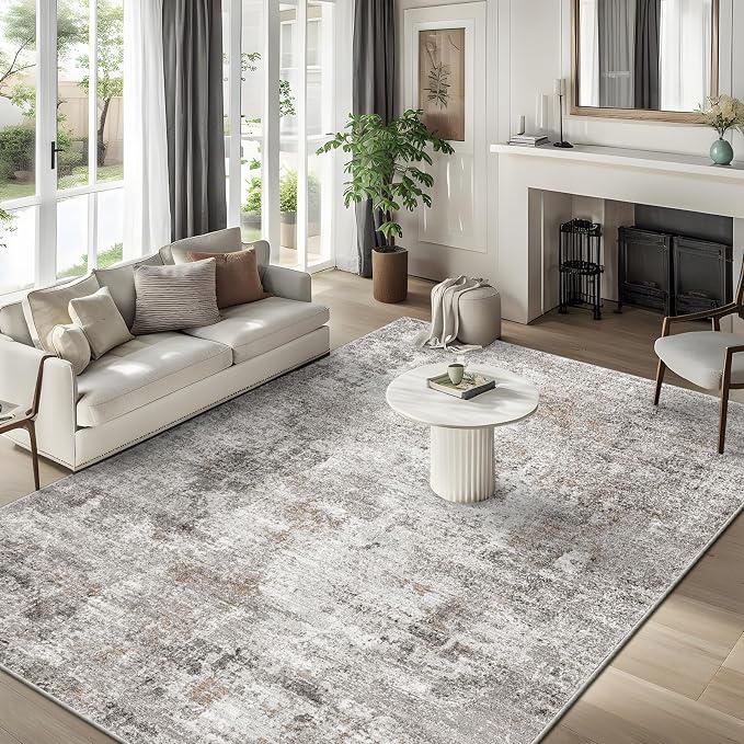 6x9 Washable Living Room Rug – Neutral Modern Abstract Soft Large Area Rug