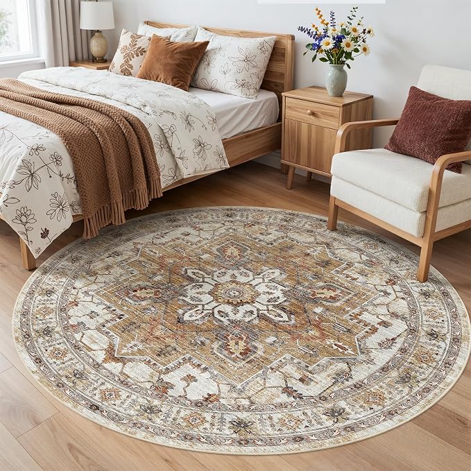 Madane Washable 6ft Circle Round Rug, 6x6 Circular Rugs Non-Slip Vintage Area