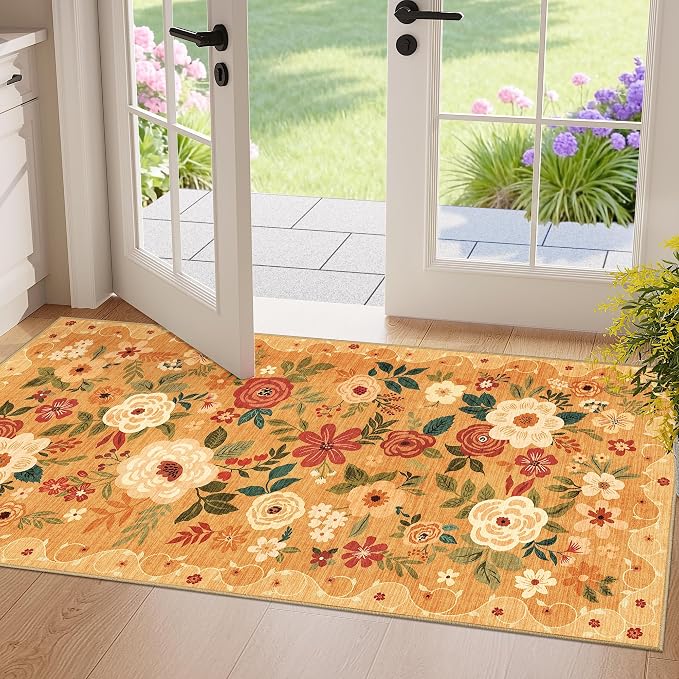 DUKINO 2x4 Rug for Entryway, Washable Kitchen Floral Runner Rug