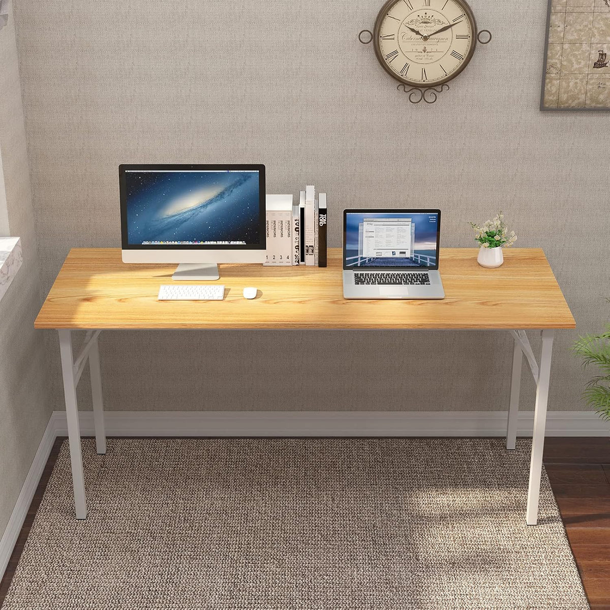 Need Home Office Desk - 62 Inches Large Computer Desk Sturdy Black Table Foldable Desk Gaming Computer Table No Assembly Required Teak&White AC5BW(157.5 * 60)
