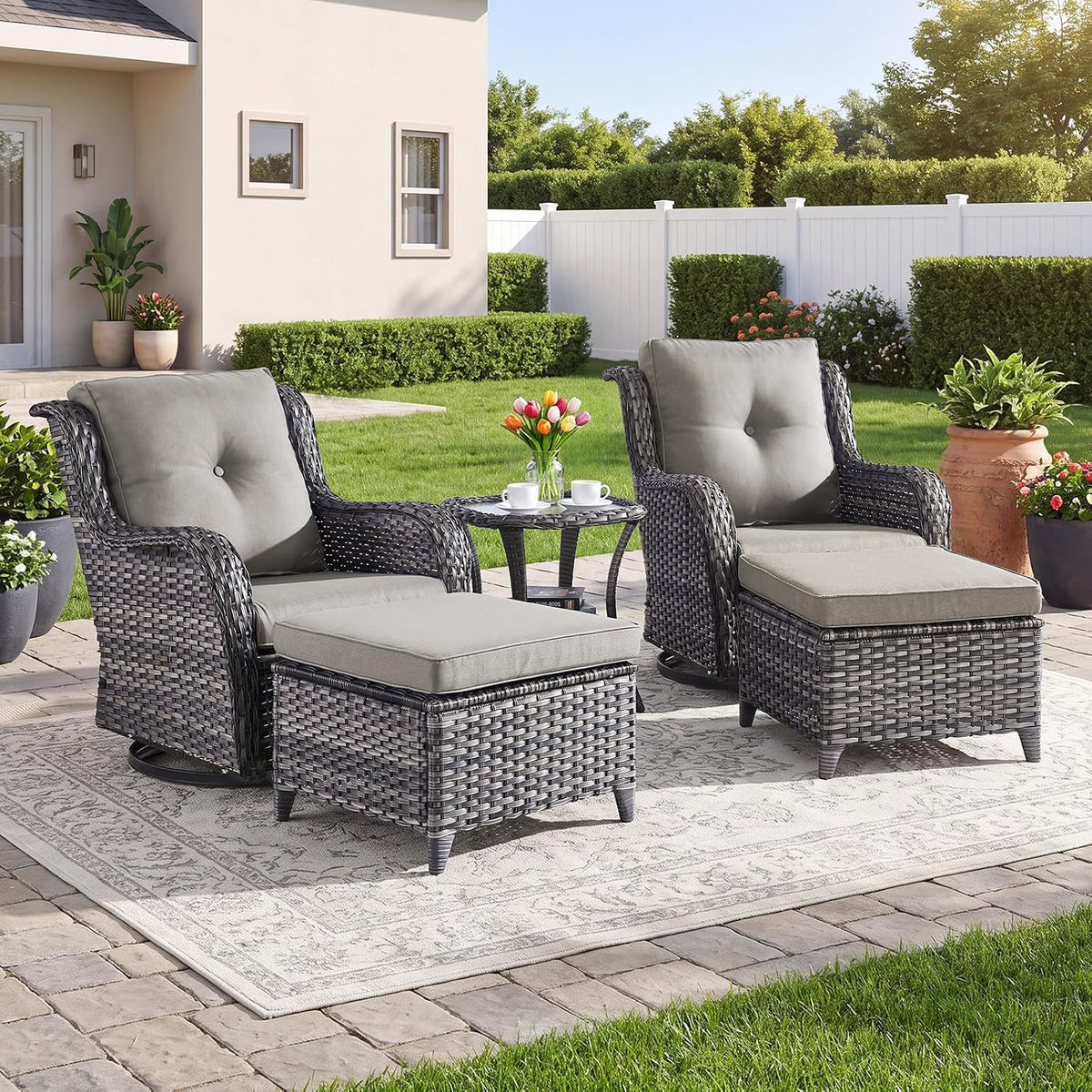 Rilyson Luxury Outdoor Wicker Patio Ottomans Set of 2, 250 lbs Capacity Rattan Large Ottomans for Patio Footrest Set 22.8in*22.8in*14in with 3.5in Thick Cushion (Mixed Grey/Grey)