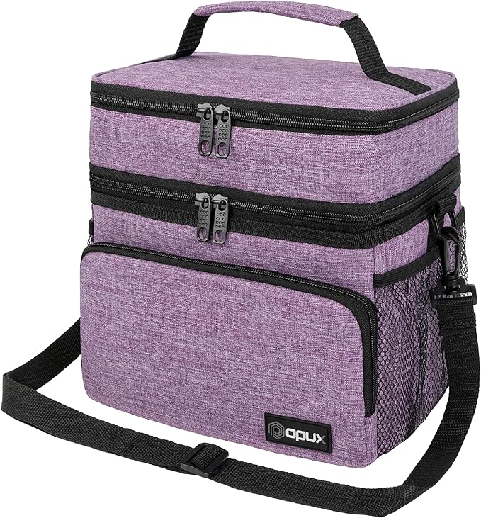 opux Insulated Lunch Bag for Men Women, Large Dual Compartment Cooler Bag, Soft Two Deck Lunch Box for Work School Picnic, Leakproof Lunch Tote with Shoulder Strap for Kid Adult (Purple, Double Deck)