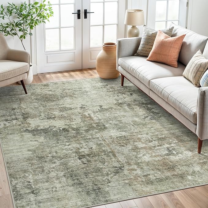 Soalmost Abstract Rug 5x7 Machine Washable Area Indoor Green Black Low Pile