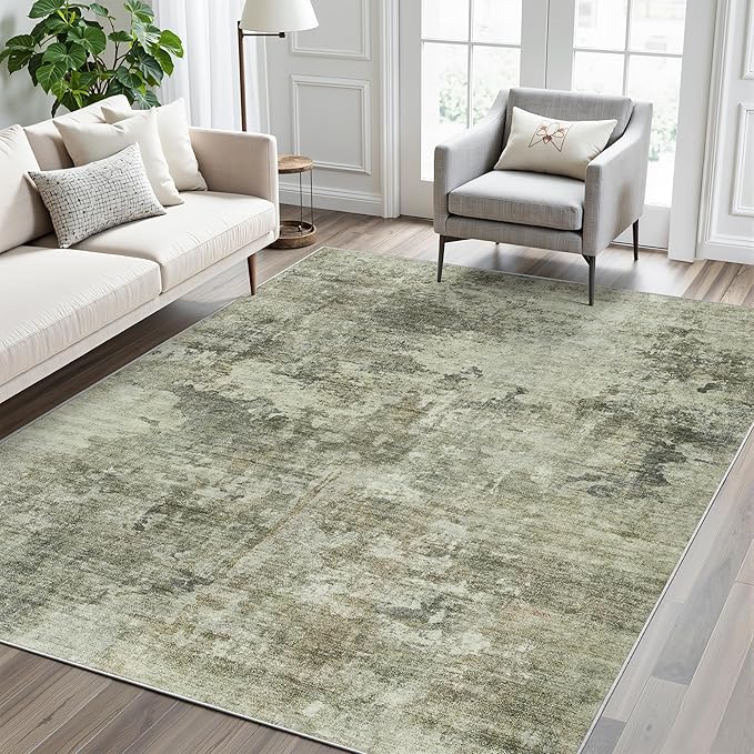 Soalmost Abstract Rug 5x7 Machine Washable Area Indoor Green Black Low Pile