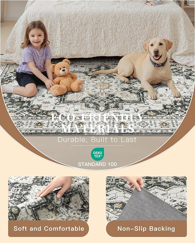 Madane Washable Area Rug 2x4, Small Entryway Rug Non-Slip Vintage Door Mat