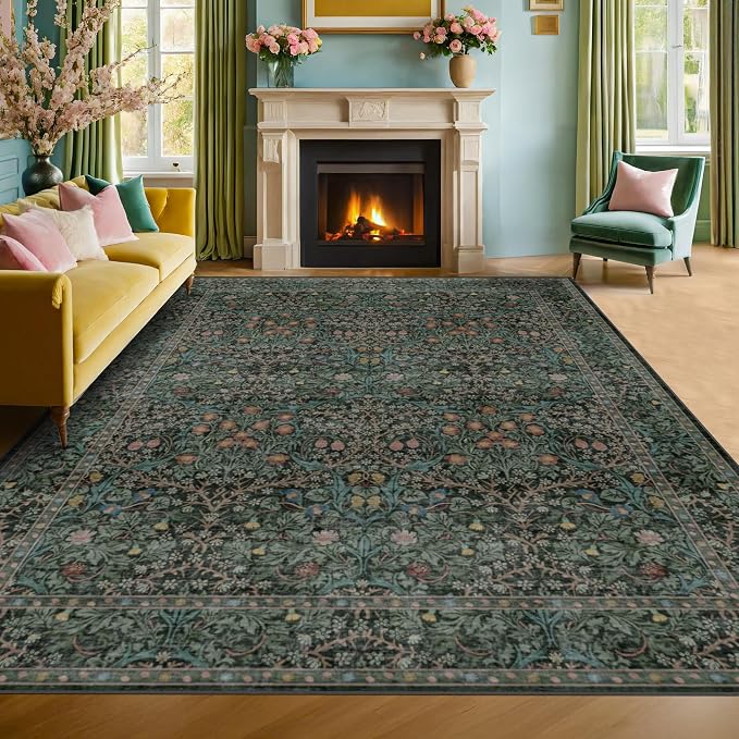 Vintage Dark Green Living Room Rug, 7x10 Washable Area Rugs