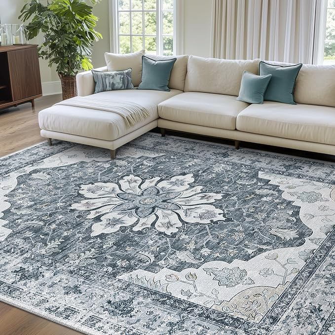 RELEANY Area Rugs 8'x10' Washable Non-Slip, Floral Vintage Distress Medallion