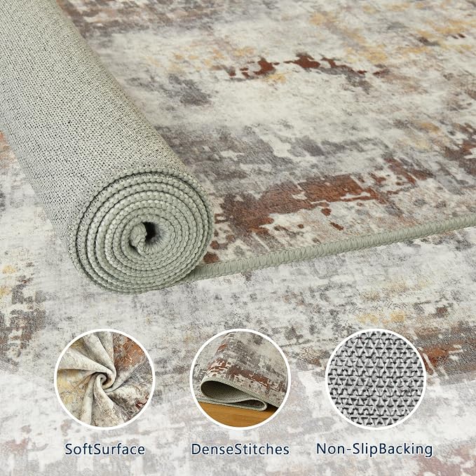 Living Room Rug 9x11 Beige Area Rugs Machine Washable Abstract Boho Large Rug